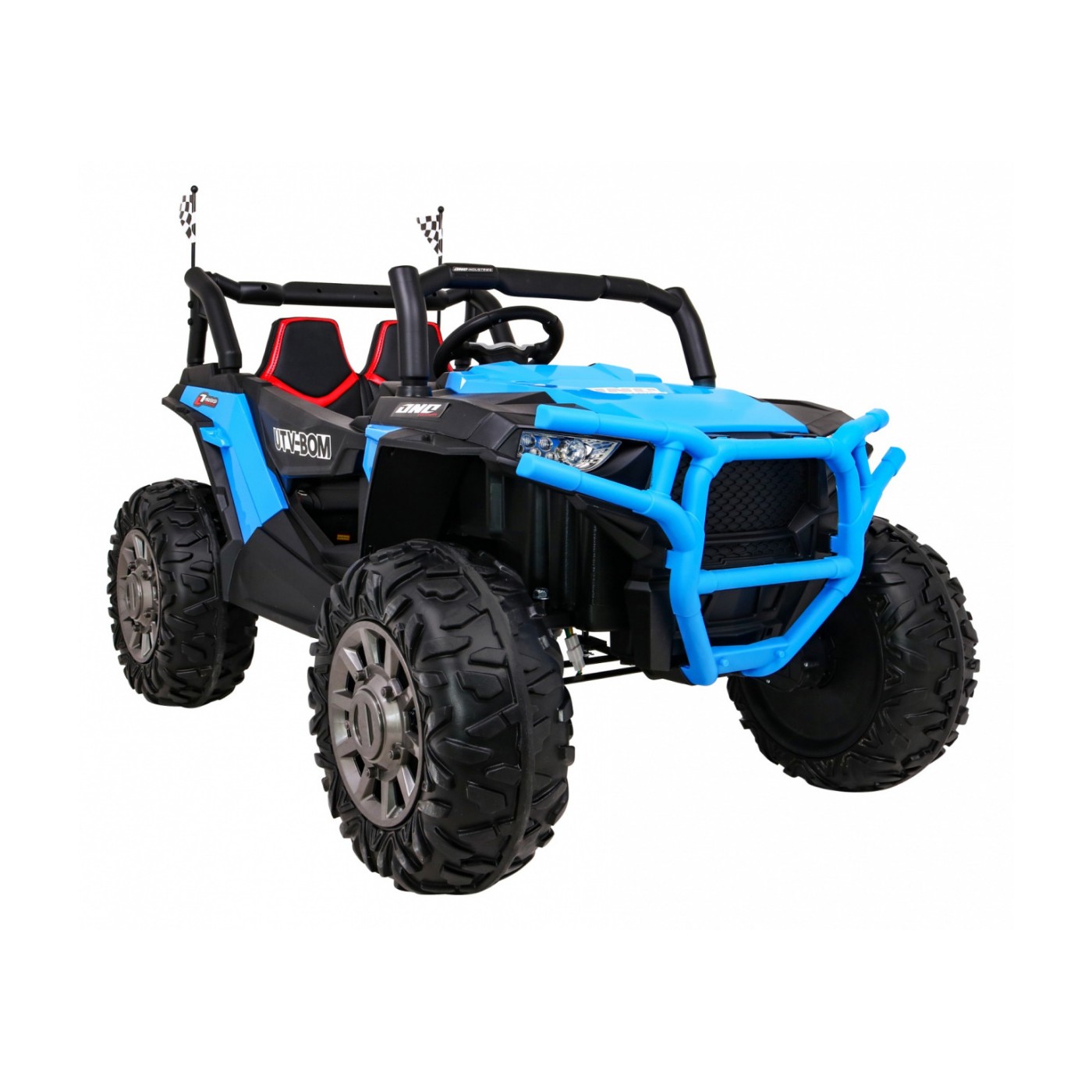 Dětská bugina Racer modrá poháněná 4x4 dálkové ovládání pomalý start kufr EVA LED MP3