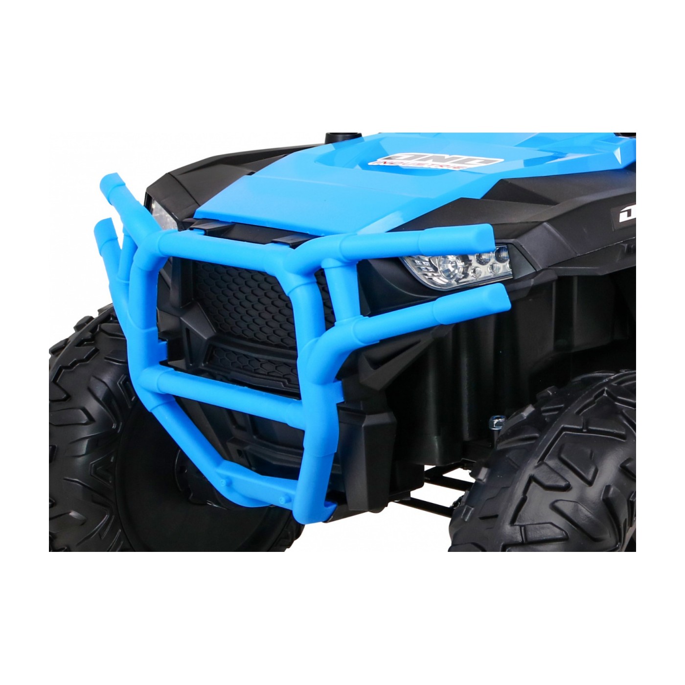 Dětská bugina Racer modrá poháněná 4x4 dálkové ovládání pomalý start kufr EVA LED MP3