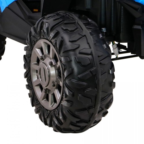 Dětská bugina Racer modrá poháněná 4x4 dálkové ovládání pomalý start kufr EVA LED MP3