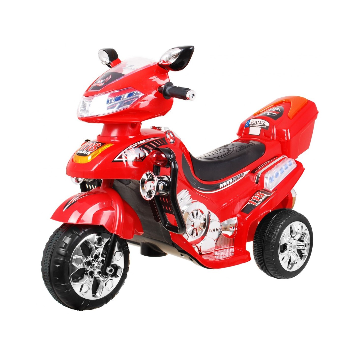 F928 Dětská baterie motocykl červená + kufr + světla + houkačka + melodie