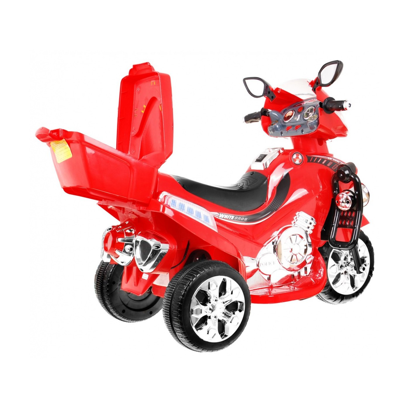 F928 Dětská baterie motocykl červená + kufr + světla + houkačka + melodie