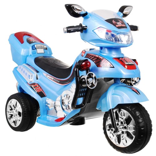F928 Dětská baterie motocykl modrá + kufr + světla + houkačka + melodie