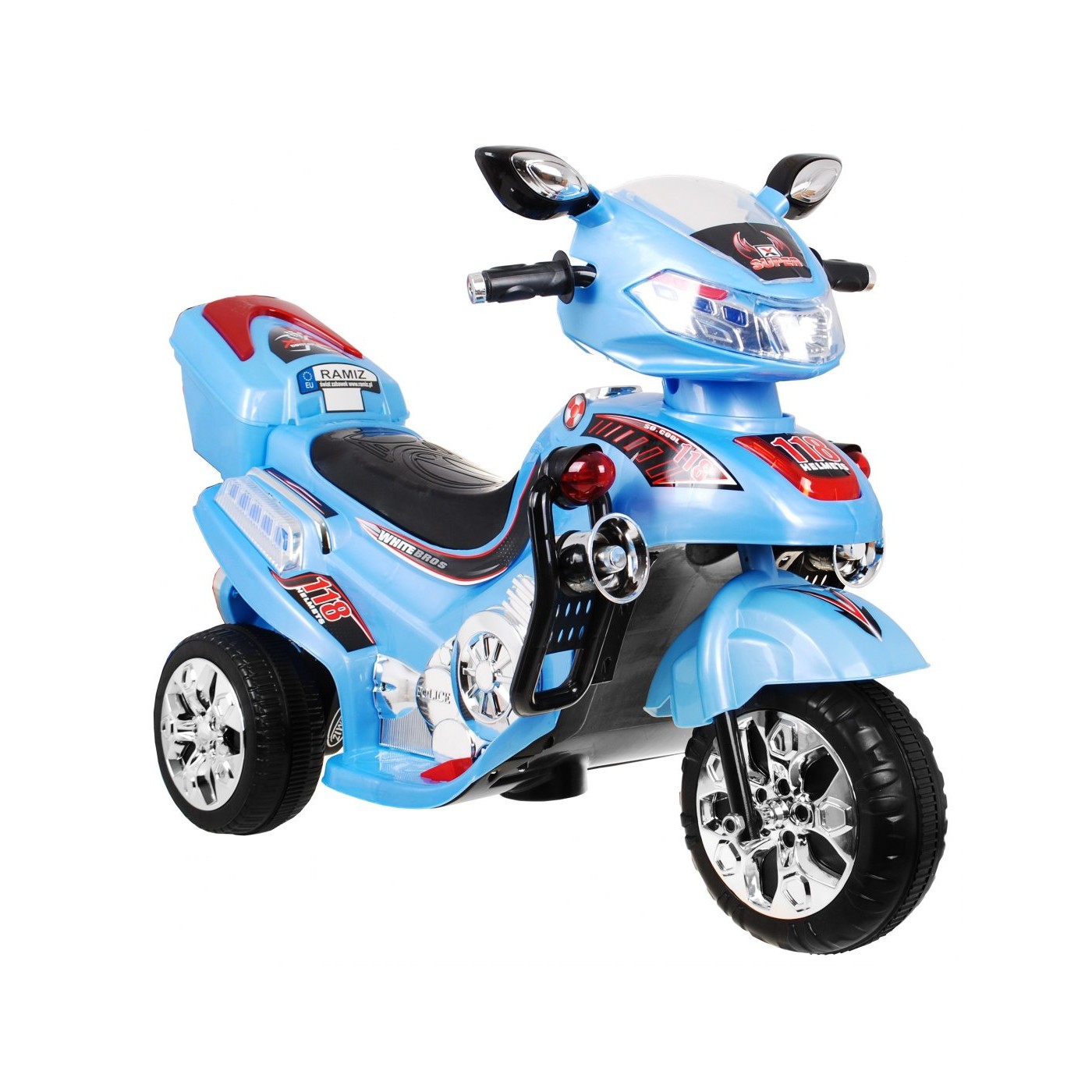 F928 Dětská baterie motocykl modrá + kufr + světla + houkačka + melodie