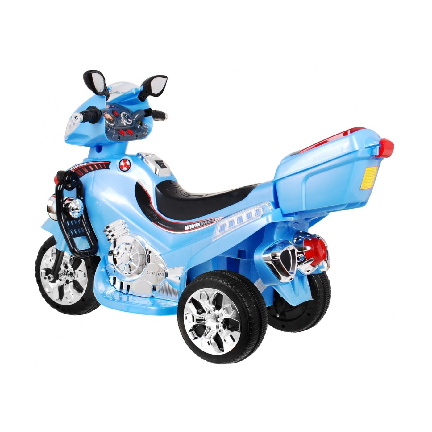F928 Dětská baterie motocykl modrá + kufr + světla + houkačka + melodie