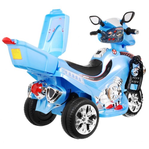 F928 Dětská baterie motocykl modrá + kufr + světla + houkačka + melodie