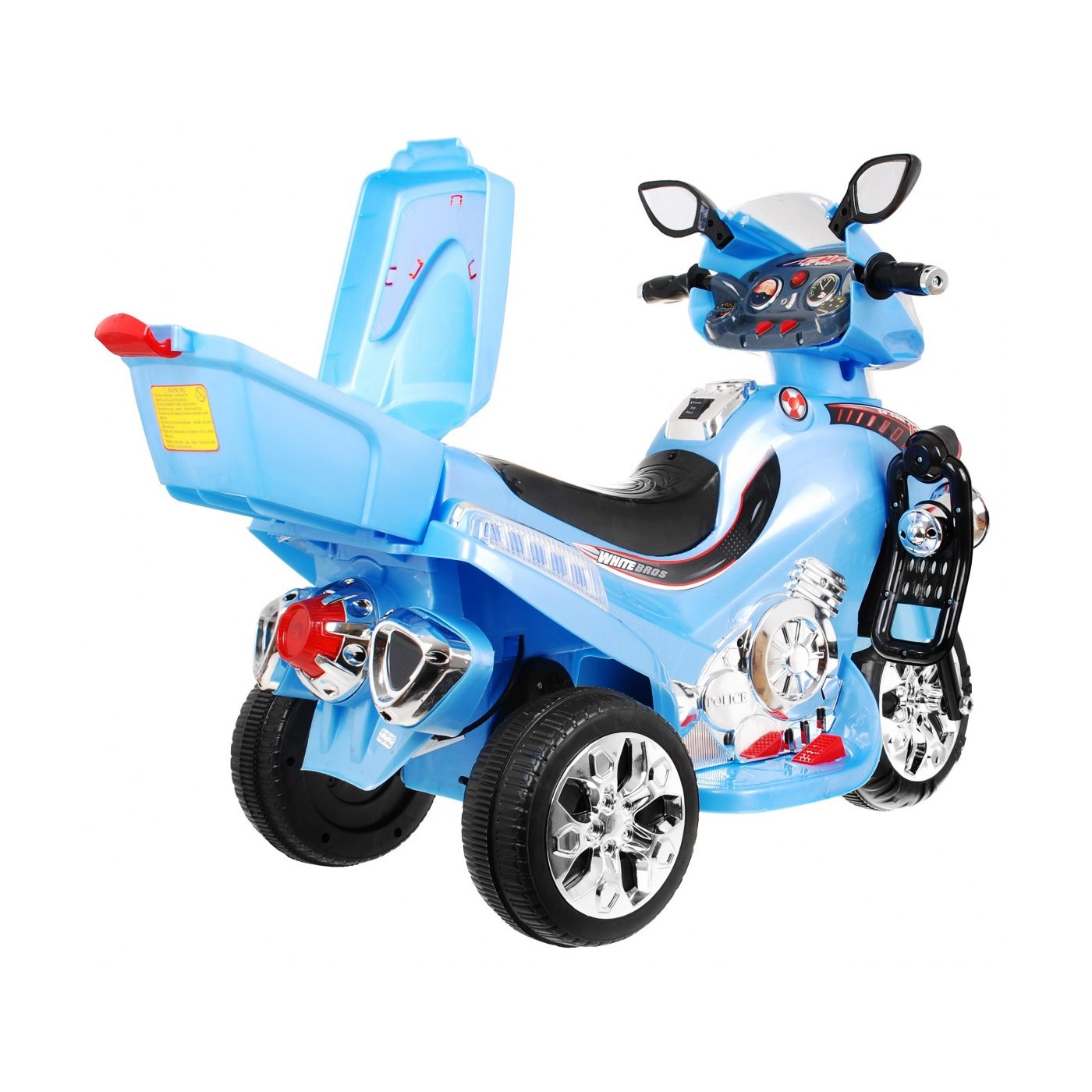 F928 Dětská baterie motocykl modrá + kufr + světla + houkačka + melodie