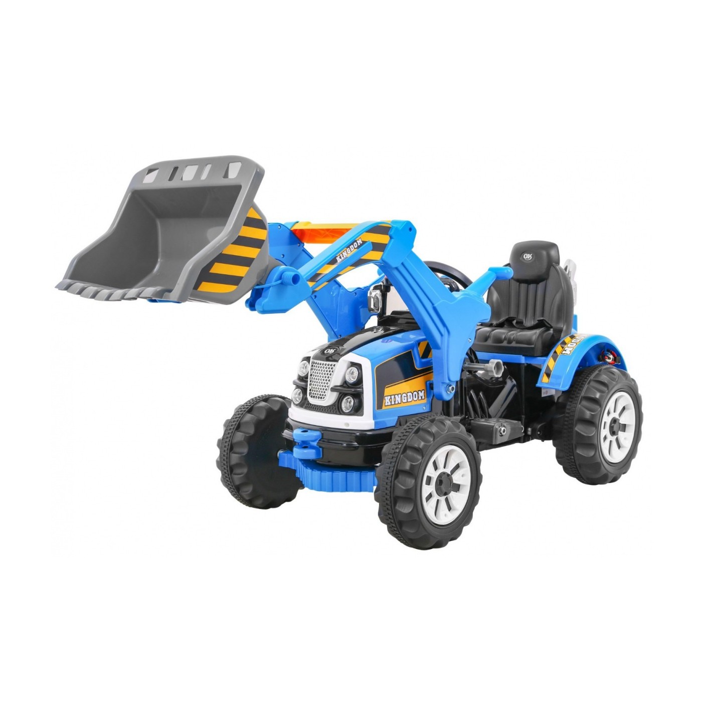 Bateriový buldozer pro děti Traktor Modrý + Pohyblivé lízátko + Trabka + Pásy + 2 rychlosti
