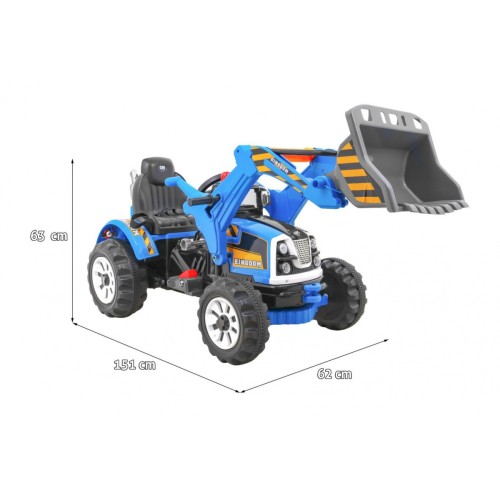 Bateriový buldozer pro děti Traktor Modrý + Pohyblivé lízátko + Trabka + Pásy + 2 rychlosti