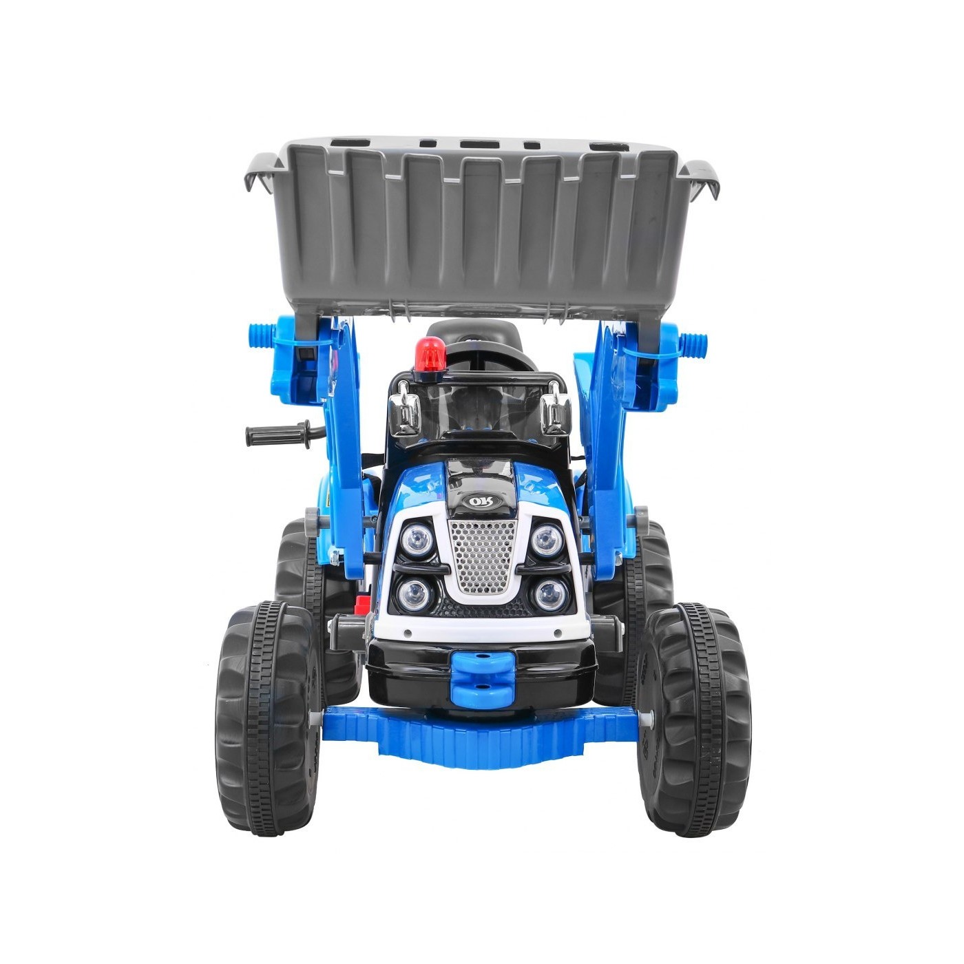 Bateriový buldozer pro děti Traktor Modrý + Pohyblivé lízátko + Trabka + Pásy + 2 rychlosti