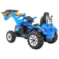 Bateriový buldozer pro děti Traktor Modrý + Pohyblivé lízátko + Trabka + Pásy + 2 rychlosti