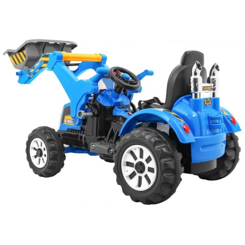 Bateriový buldozer pro děti Traktor Modrý + Pohyblivé lízátko + Trabka + Pásy + 2 rychlosti