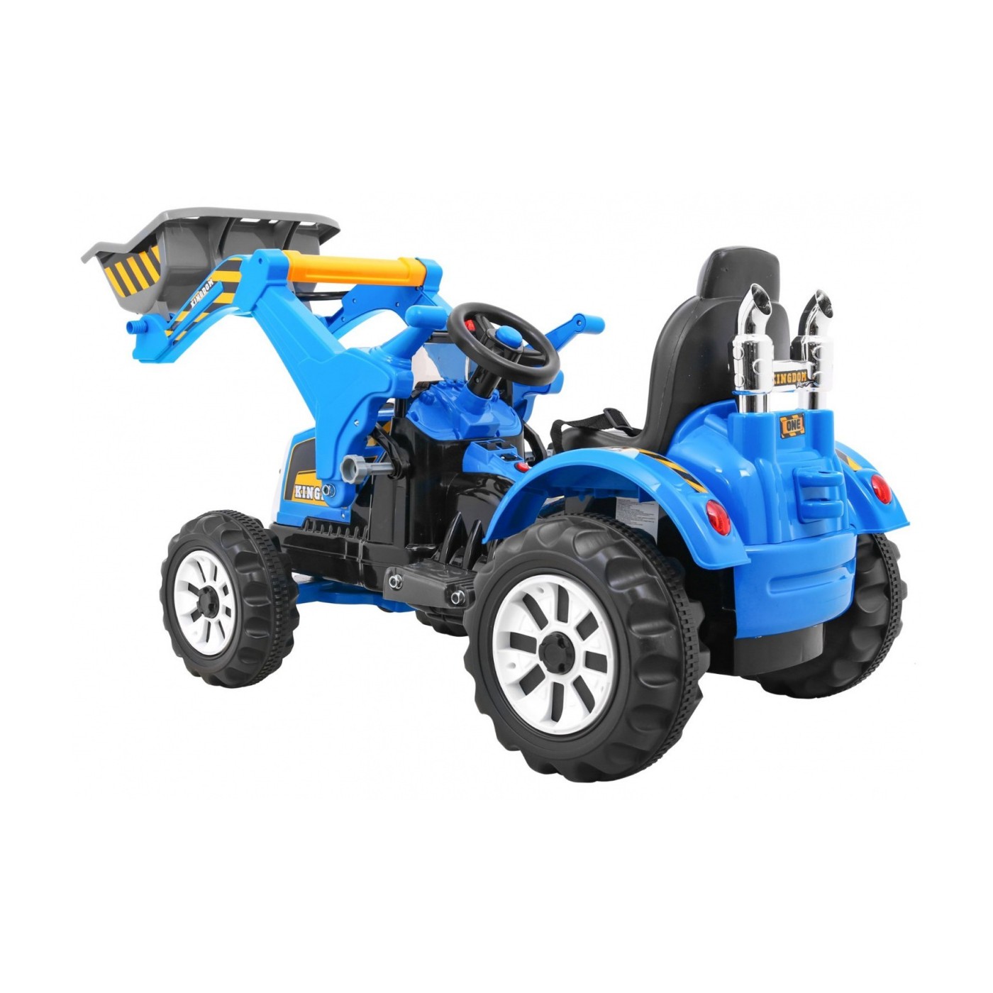Bateriový buldozer pro děti Traktor Modrý + Pohyblivé lízátko + Trabka + Pásy + 2 rychlosti
