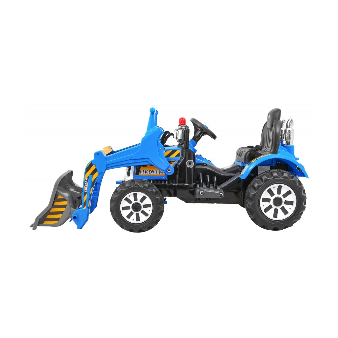 Bateriový buldozer pro děti Traktor Modrý + Pohyblivé lízátko + Trabka + Pásy + 2 rychlosti
