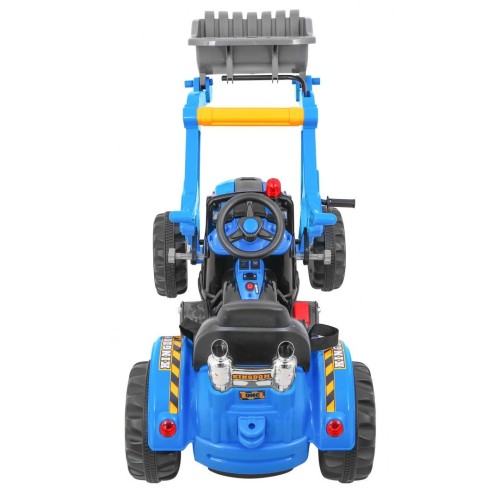Bateriový buldozer pro děti Traktor Modrý + Pohyblivé lízátko + Trabka + Pásy + 2 rychlosti