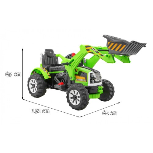 Bateriový buldozer pro děti Traktor Zelená + Pohyblivé lízátko + Trabka + Pásy + 2 rychlosti
