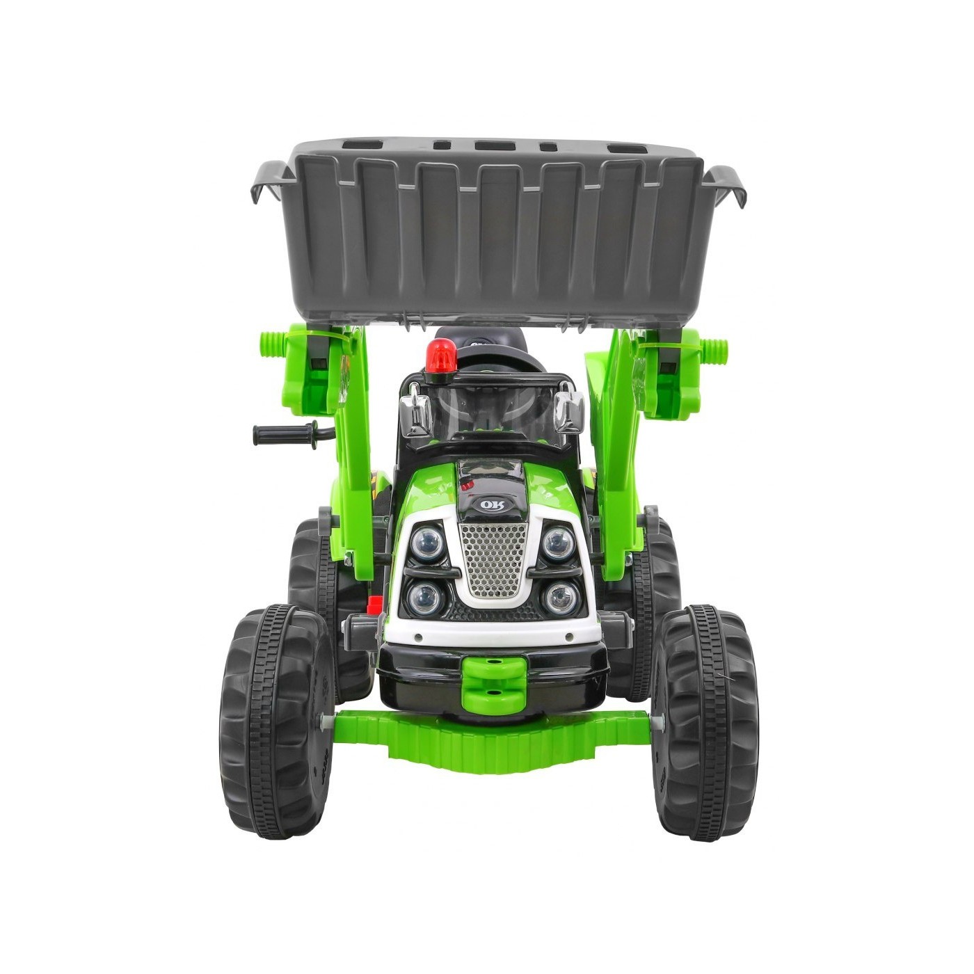 Bateriový buldozer pro děti Traktor Zelená + Pohyblivé lízátko + Trabka + Pásy + 2 rychlosti