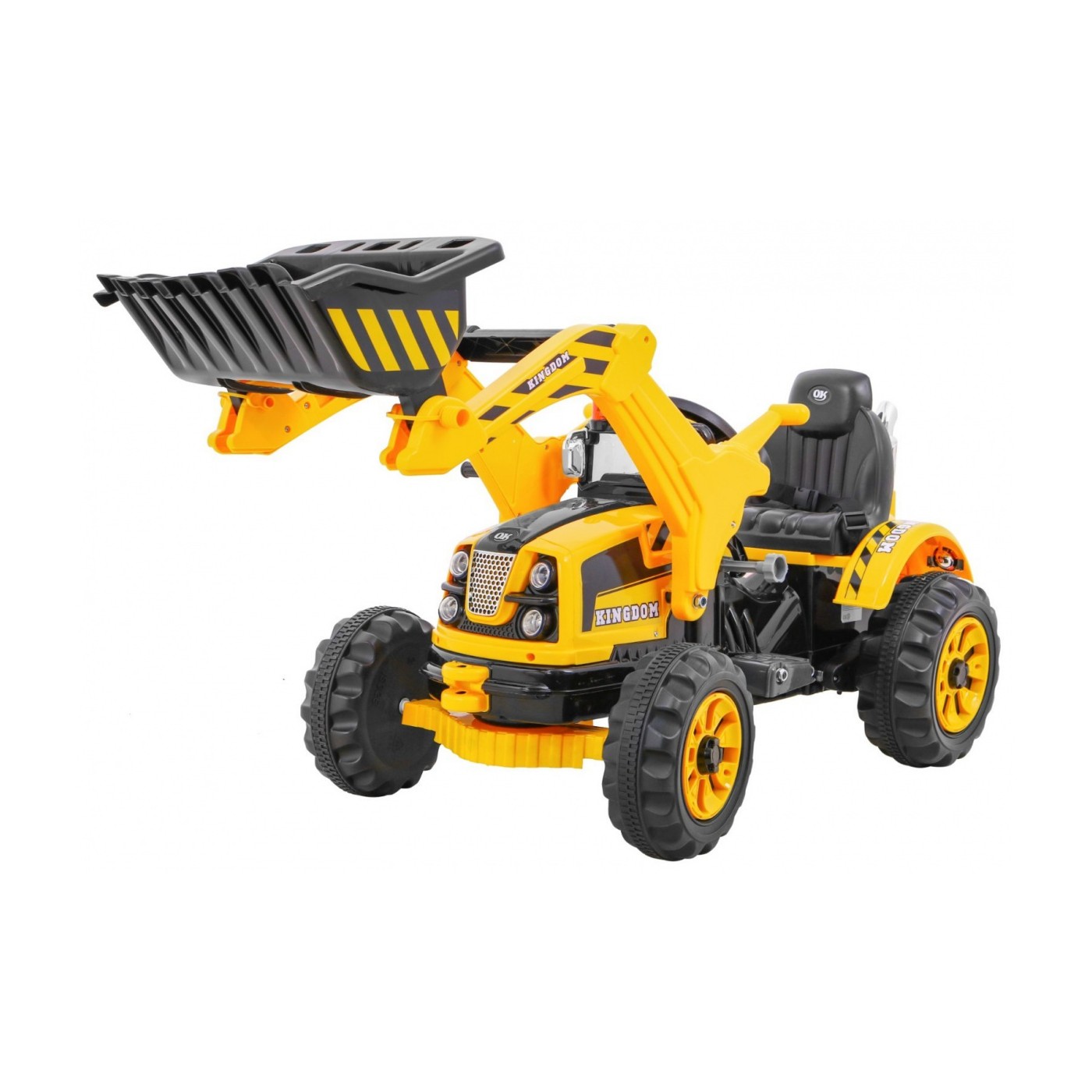 Akumulátorový buldozer pro děti Traktor žlutý + Pohyblivá lyska + Trabka + Pásy + 2 rychlosti