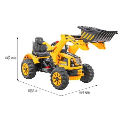 Akumulátorový buldozer pro děti Traktor žlutý + Pohyblivá lyska + Trabka + Pásy + 2 rychlosti