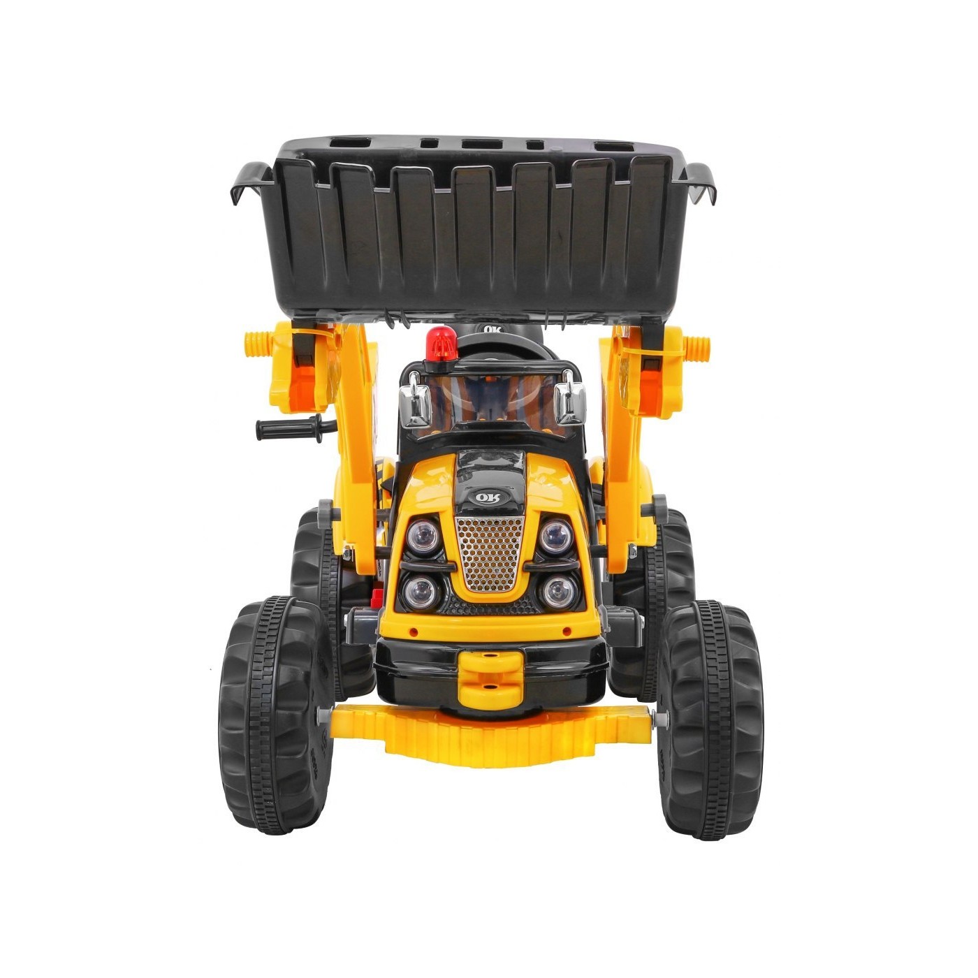 Akumulátorový buldozer pro děti Traktor žlutý + Pohyblivá lyska + Trabka + Pásy + 2 rychlosti