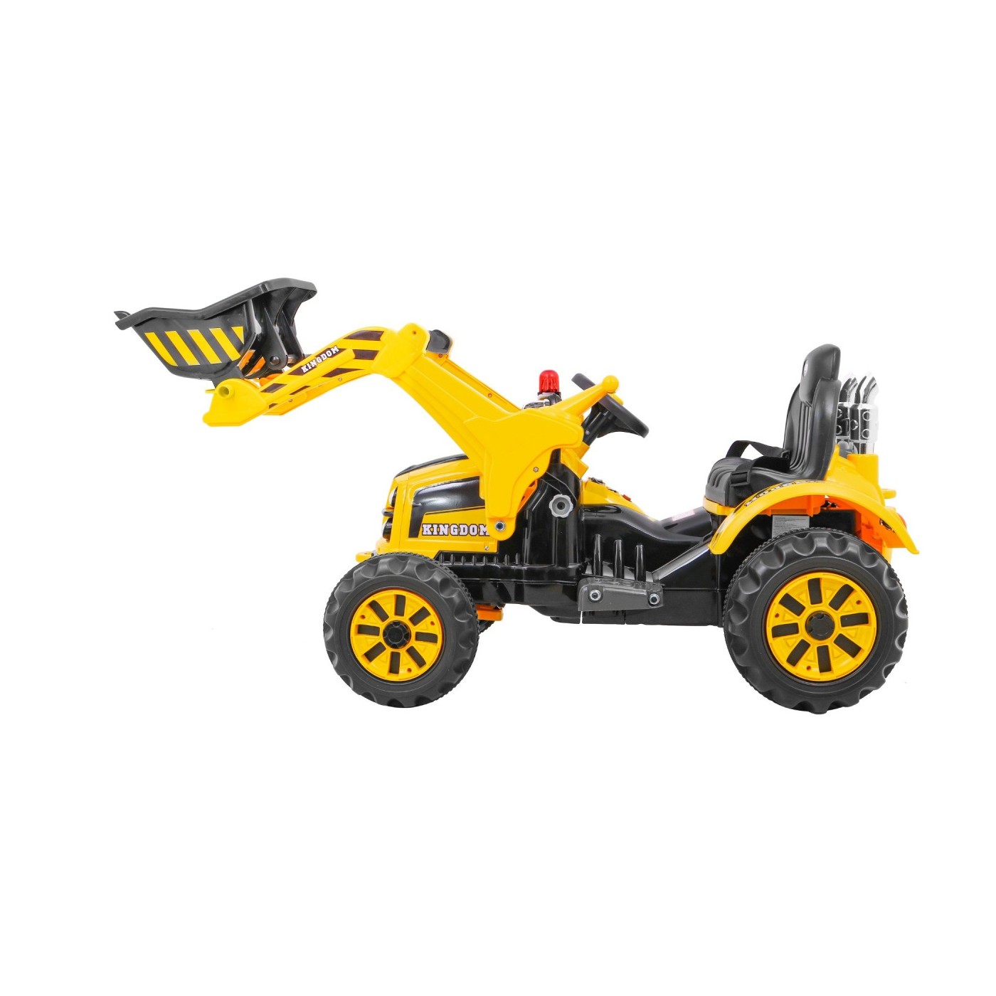 Akumulátorový buldozer pro děti Traktor žlutý + Pohyblivá lyska + Trabka + Pásy + 2 rychlosti