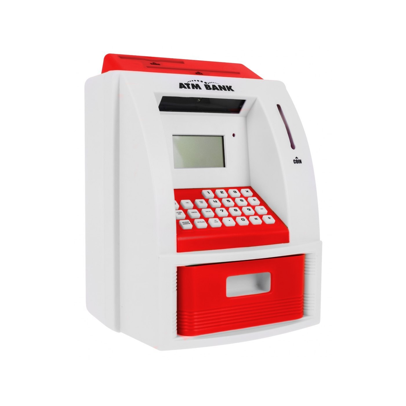 Bankomat pokladnička pro děti 3+ červené interaktivní funkce + Karta do bankomatu