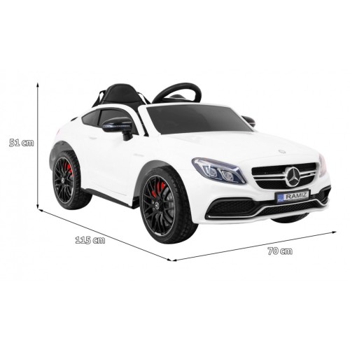 Mercedes Benz C63 AMG Kids bílá + dálkové ovládání + 5bodové pásy + EVA + kufr + MP3 LED