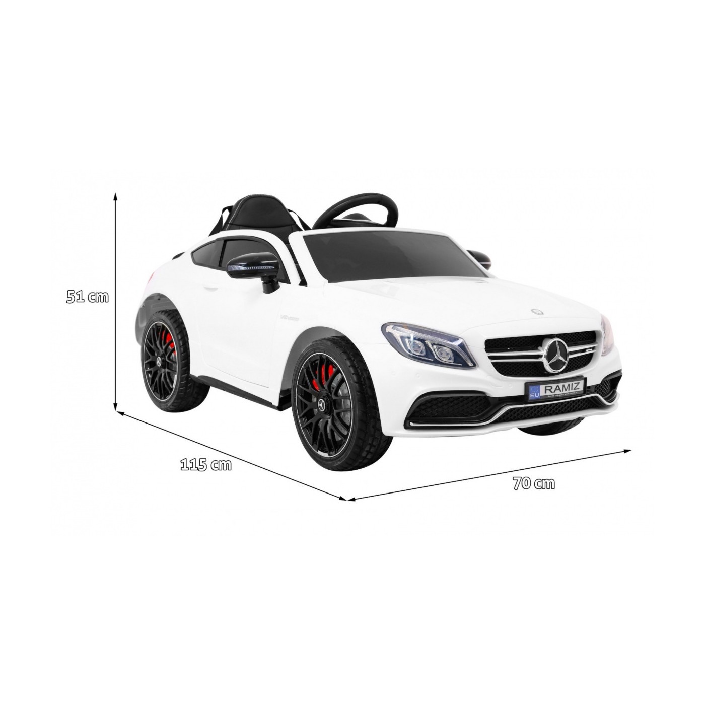 Mercedes Benz C63 AMG Kids bílá + dálkové ovládání + 5bodové pásy + EVA + kufr + MP3 LED