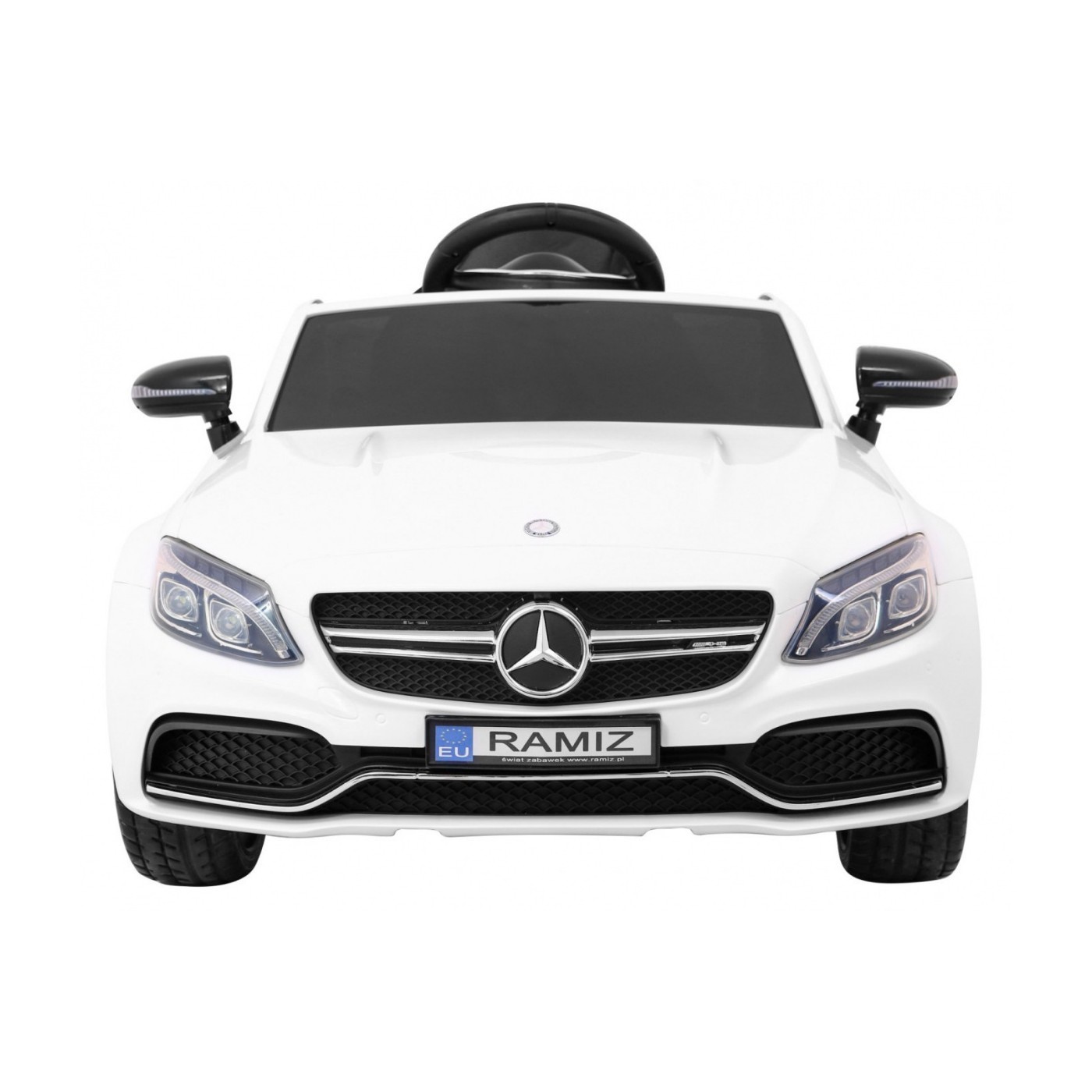 Mercedes Benz C63 AMG Kids bílá + dálkové ovládání + 5bodové pásy + EVA + kufr + MP3 LED
