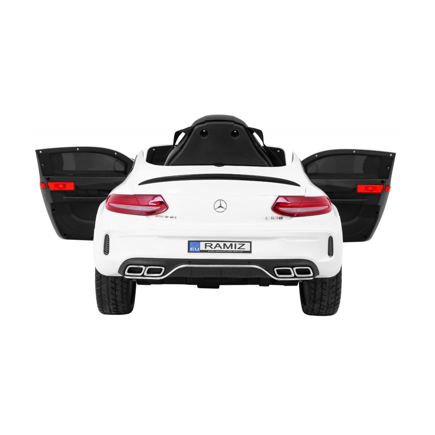 Mercedes Benz C63 AMG Kids bílá + dálkové ovládání + 5bodové pásy + EVA + kufr + MP3 LED