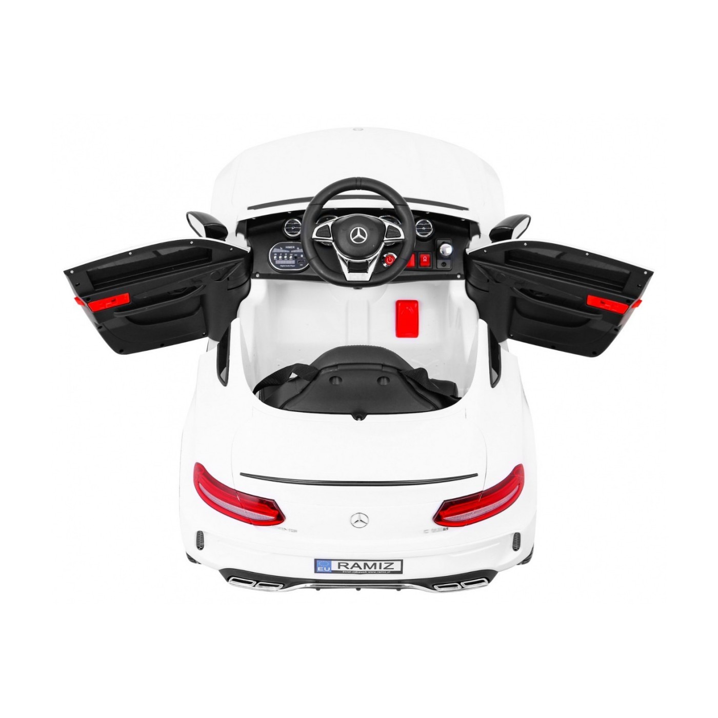 Mercedes Benz C63 AMG Kids bílá + dálkové ovládání + 5bodové pásy + EVA + kufr + MP3 LED