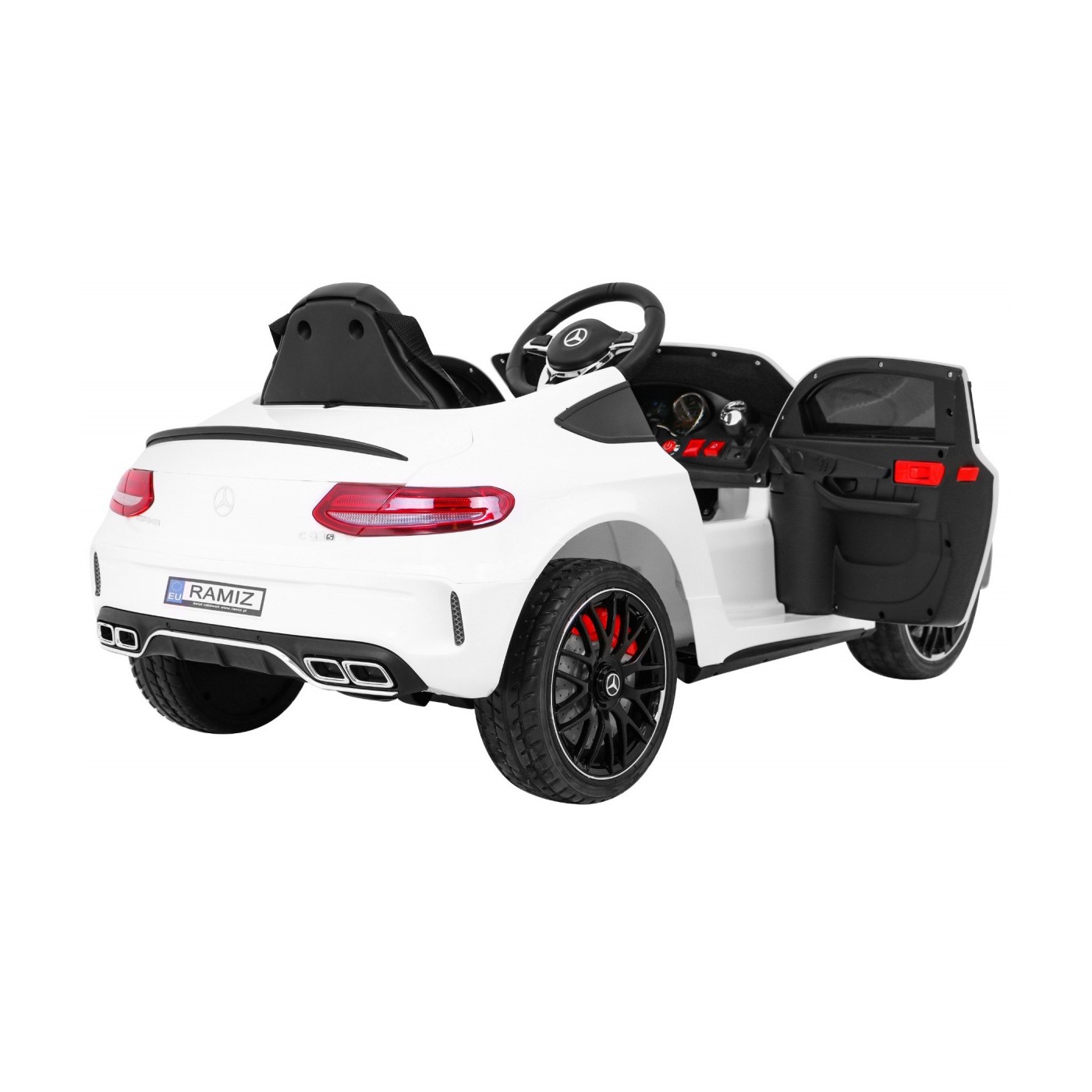 Mercedes Benz C63 AMG Kids bílá + dálkové ovládání + 5bodové pásy + EVA + kufr + MP3 LED