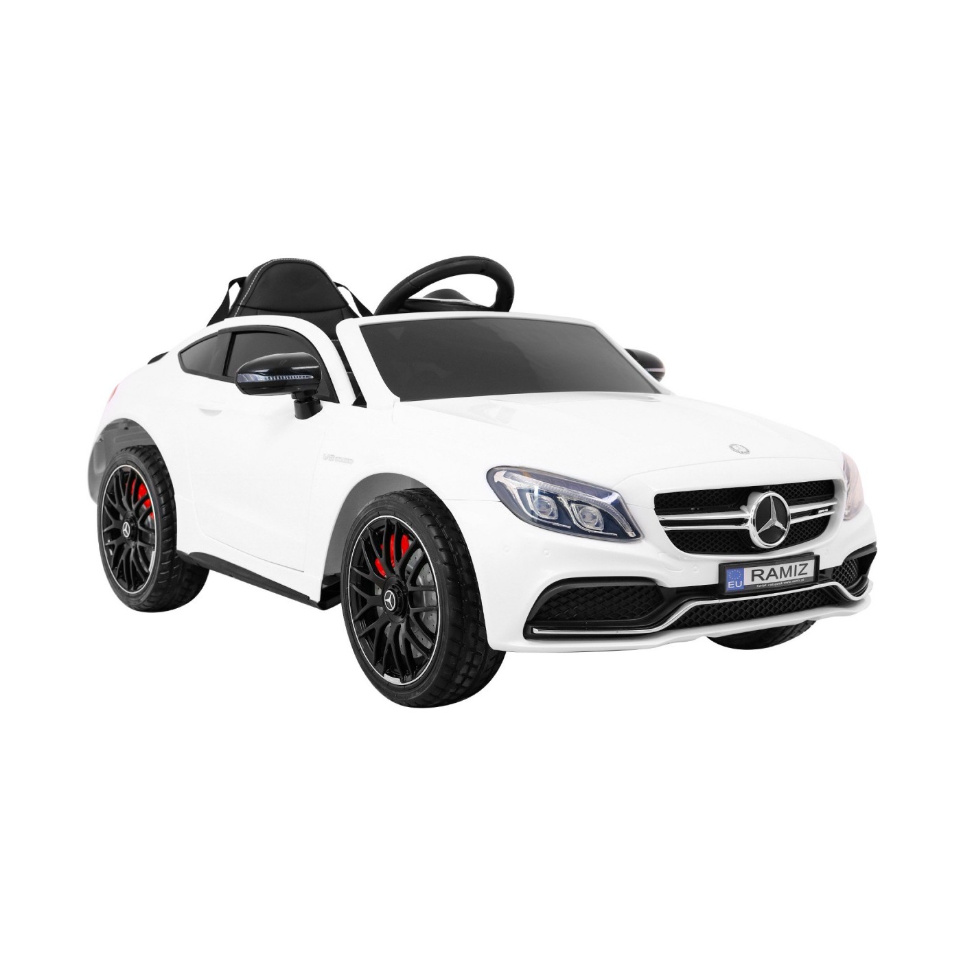 Mercedes Benz C63 AMG Kids bílá + dálkové ovládání + 5bodové pásy + EVA + kufr + MP3 LED