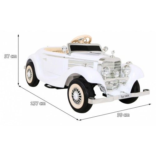Mercedes Benz Retro 540A Dětská bílá + Rodičovský režim + Dálkové ovládání + Audio panel + LED