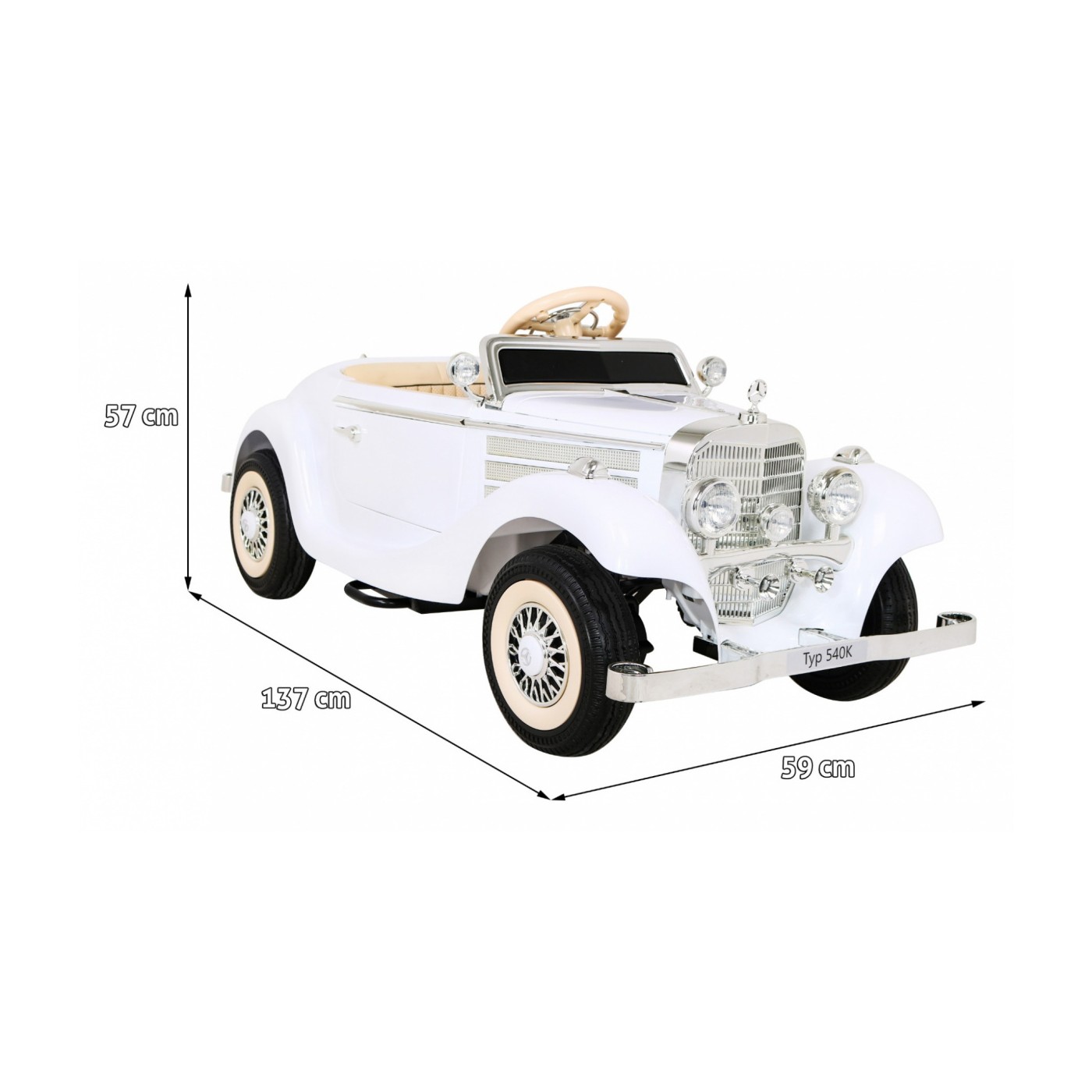 Mercedes Benz Retro 540A Dětská bílá + Rodičovský režim + Dálkové ovládání + Audio panel + LED