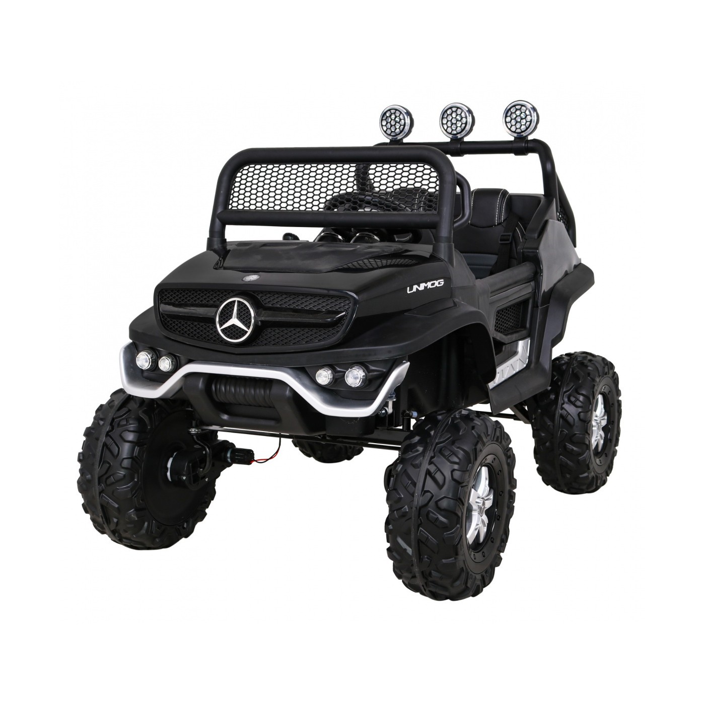 Mercedes Benz Unimog Kids černý 4x4 Drive Remote Trunk Slow Start MP3 LED