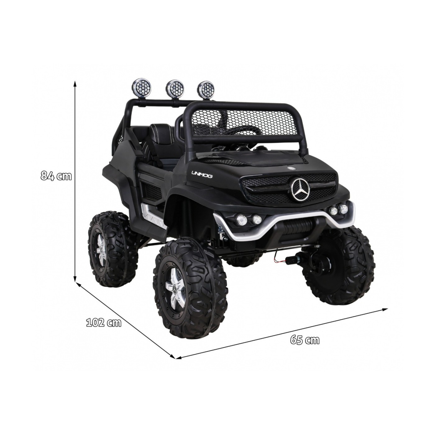 Mercedes Benz Unimog Kids černý 4x4 Drive Remote Trunk Slow Start MP3 LED