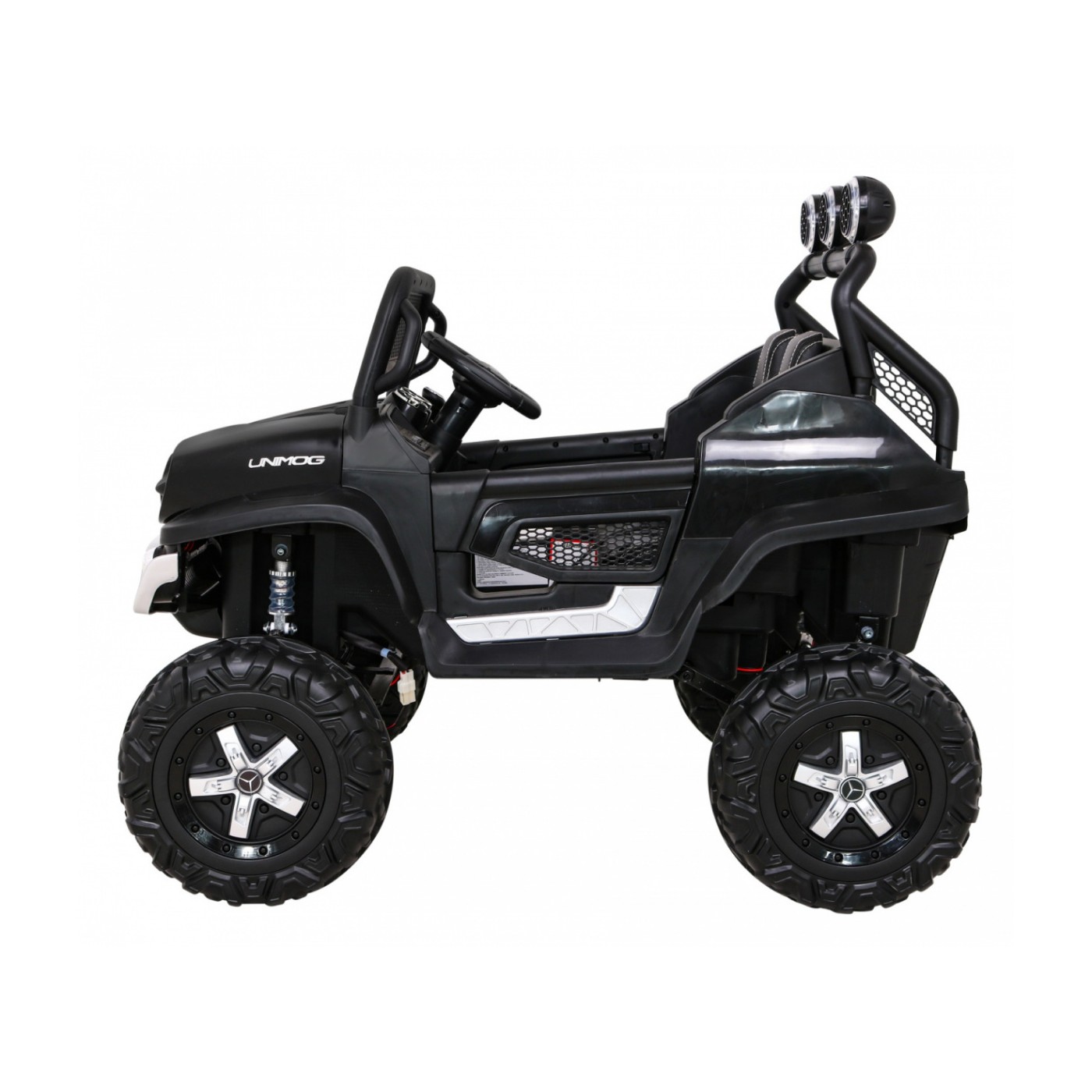 Mercedes Benz Unimog Kids černý 4x4 Drive Remote Trunk Slow Start MP3 LED