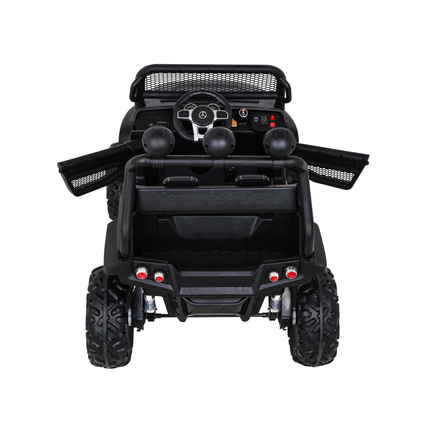 Mercedes Benz Unimog Kids černý 4x4 Drive Remote Trunk Slow Start MP3 LED