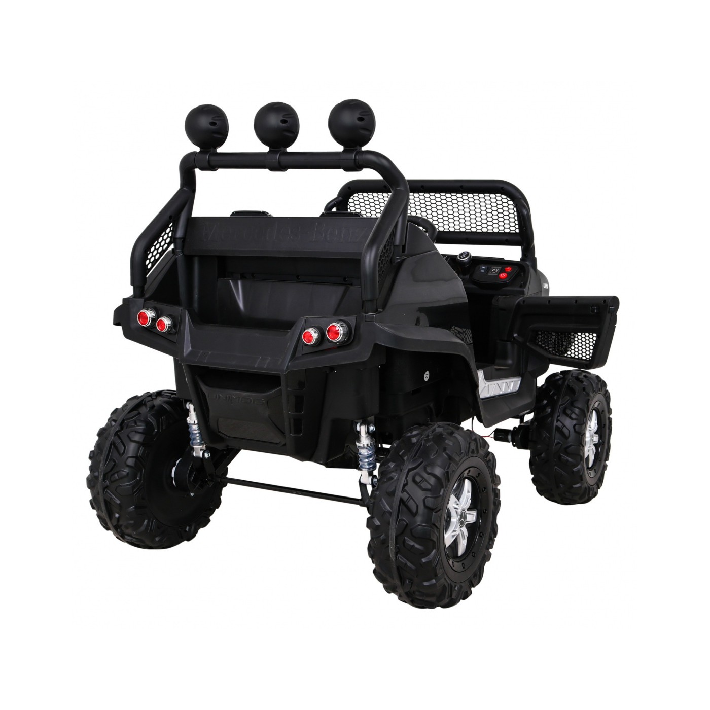 Mercedes Benz Unimog Kids černý 4x4 Drive Remote Trunk Slow Start MP3 LED