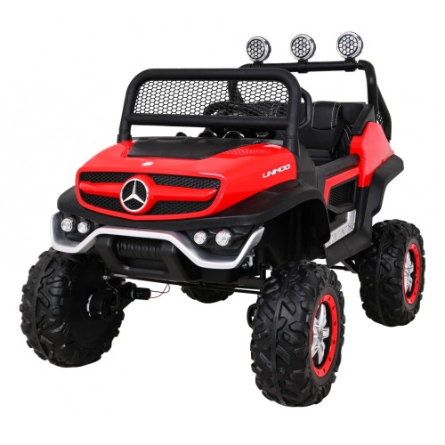 Mercedes Benz Unimog Děti Off-Road červená Naped 4x4 Dálkové ovládání Kufr Pomalý Start MP3 LED
