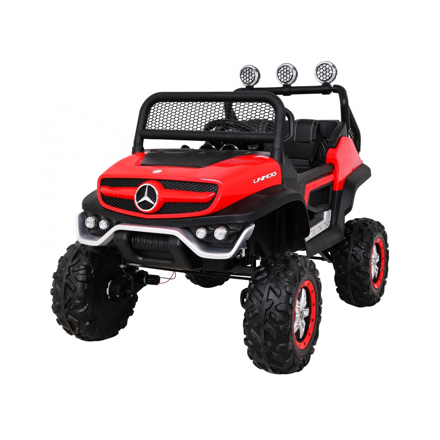 Mercedes Benz Unimog Děti Off-Road červená Naped 4x4 Dálkové ovládání Kufr Pomalý Start MP3 LED