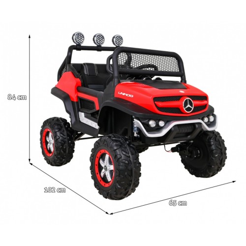 Mercedes Benz Unimog Děti Off-Road červená Naped 4x4 Dálkové ovládání Kufr Pomalý Start MP3 LED