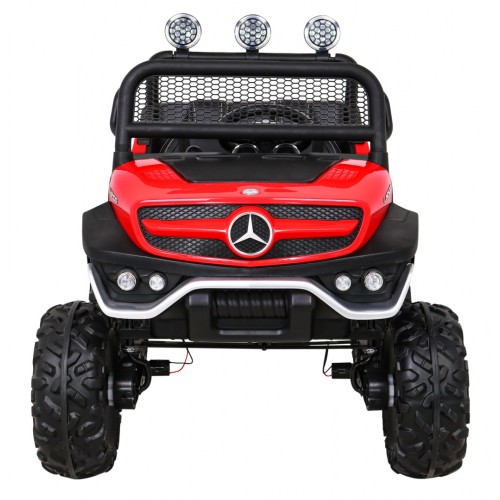Mercedes Benz Unimog Děti Off-Road červená Naped 4x4 Dálkové ovládání Kufr Pomalý Start MP3 LED
