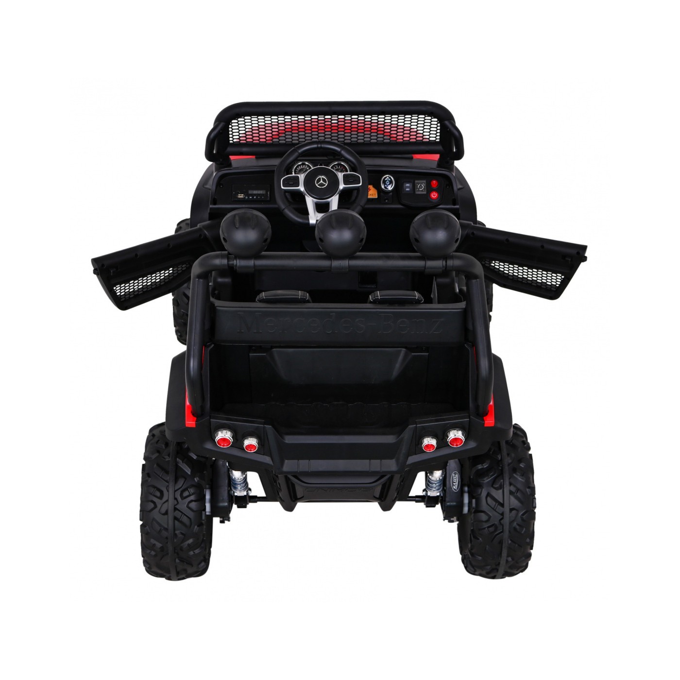 Mercedes Benz Unimog Děti Off-Road červená Naped 4x4 Dálkové ovládání Kufr Pomalý Start MP3 LED