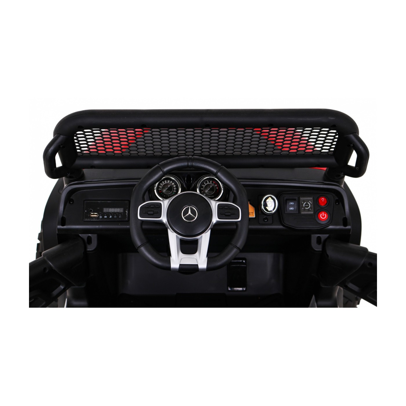 Mercedes Benz Unimog Děti Off-Road červená Naped 4x4 Dálkové ovládání Kufr Pomalý Start MP3 LED