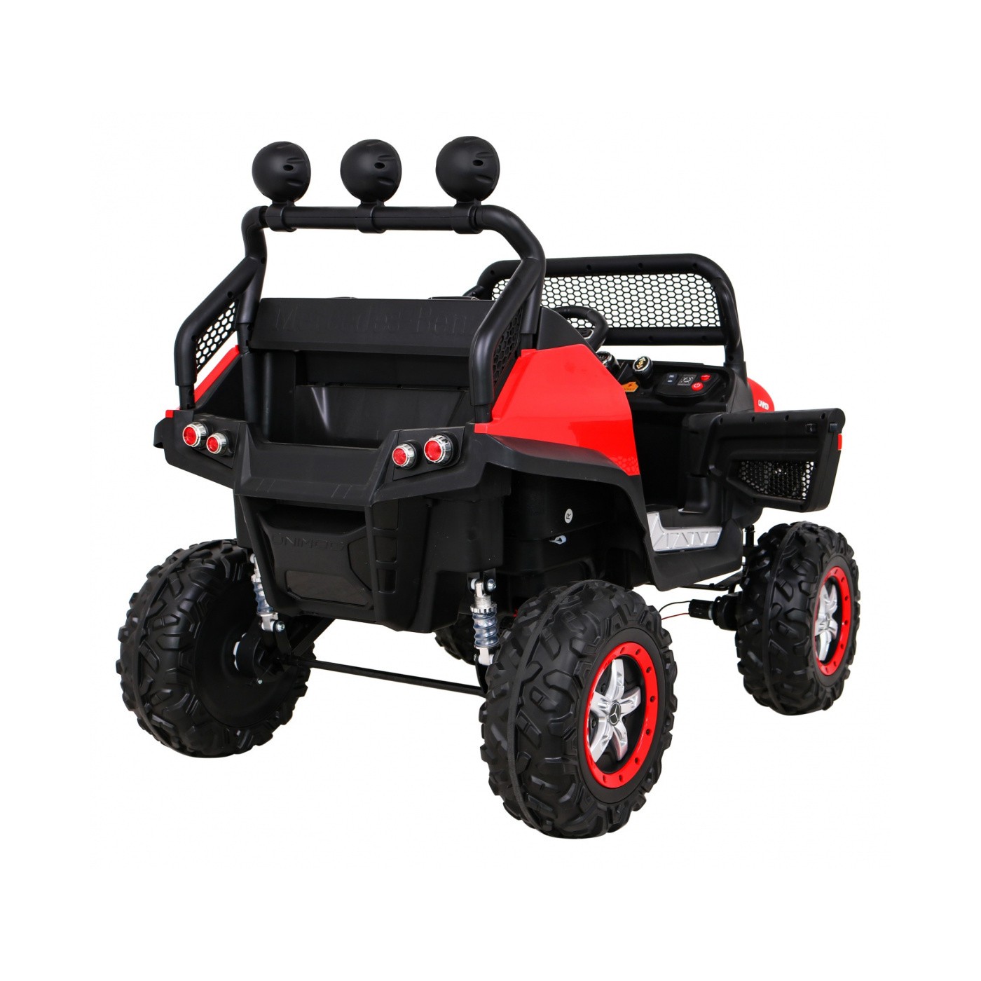Mercedes Benz Unimog Děti Off-Road červená Naped 4x4 Dálkové ovládání Kufr Pomalý Start MP3 LED
