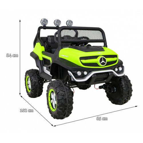 Mercedes Benz Unimog Kids zelená 4x4 Drive Remote Trunk Slow Start MP3 LED