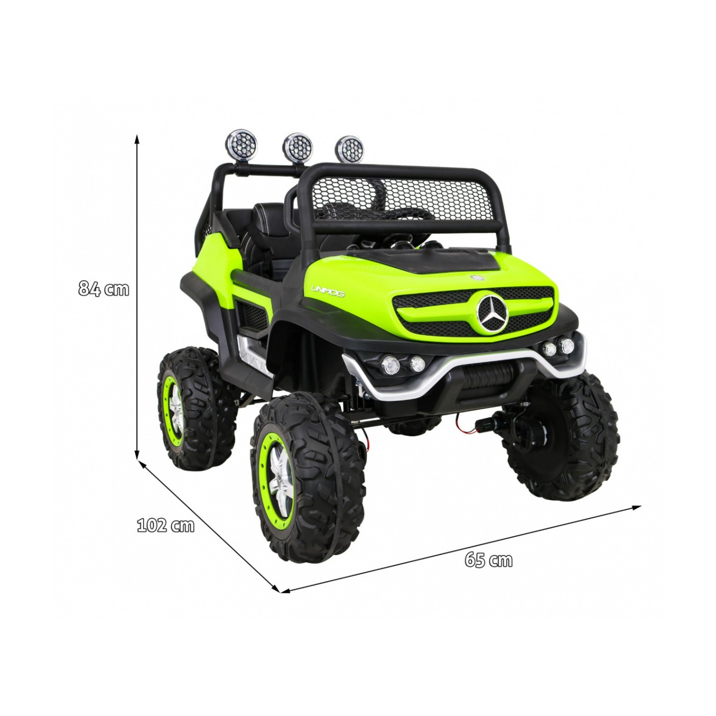 Mercedes Benz Unimog Kids zelená 4x4 Drive Remote Trunk Slow Start MP3 LED