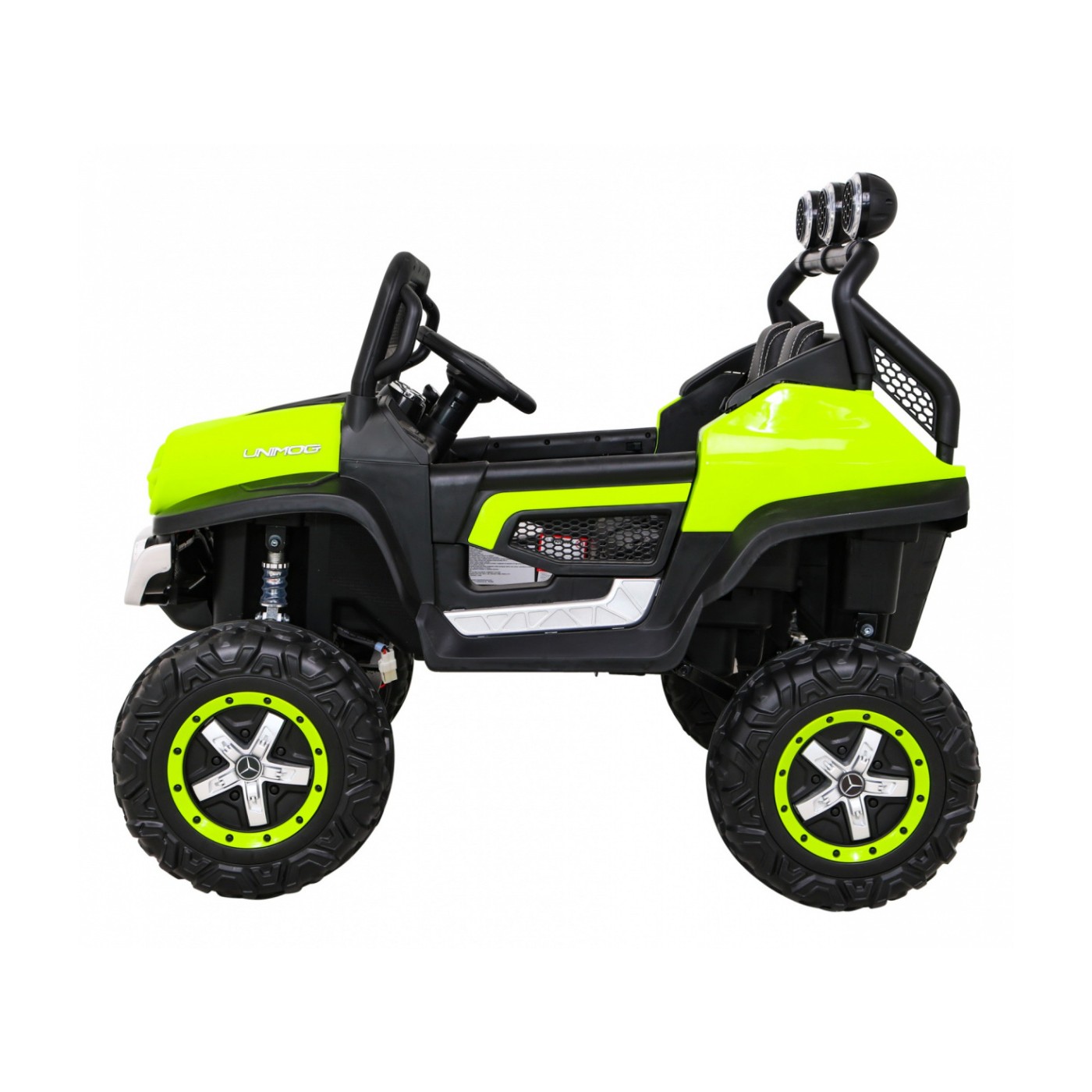 Mercedes Benz Unimog Kids zelená 4x4 Drive Remote Trunk Slow Start MP3 LED