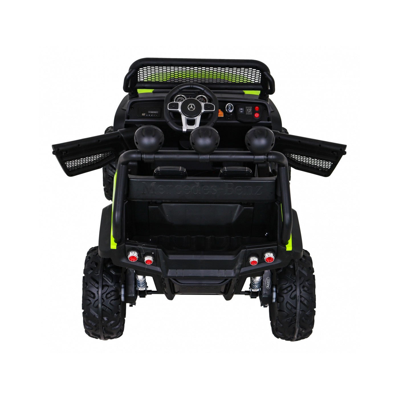 Mercedes Benz Unimog Kids zelená 4x4 Drive Remote Trunk Slow Start MP3 LED
